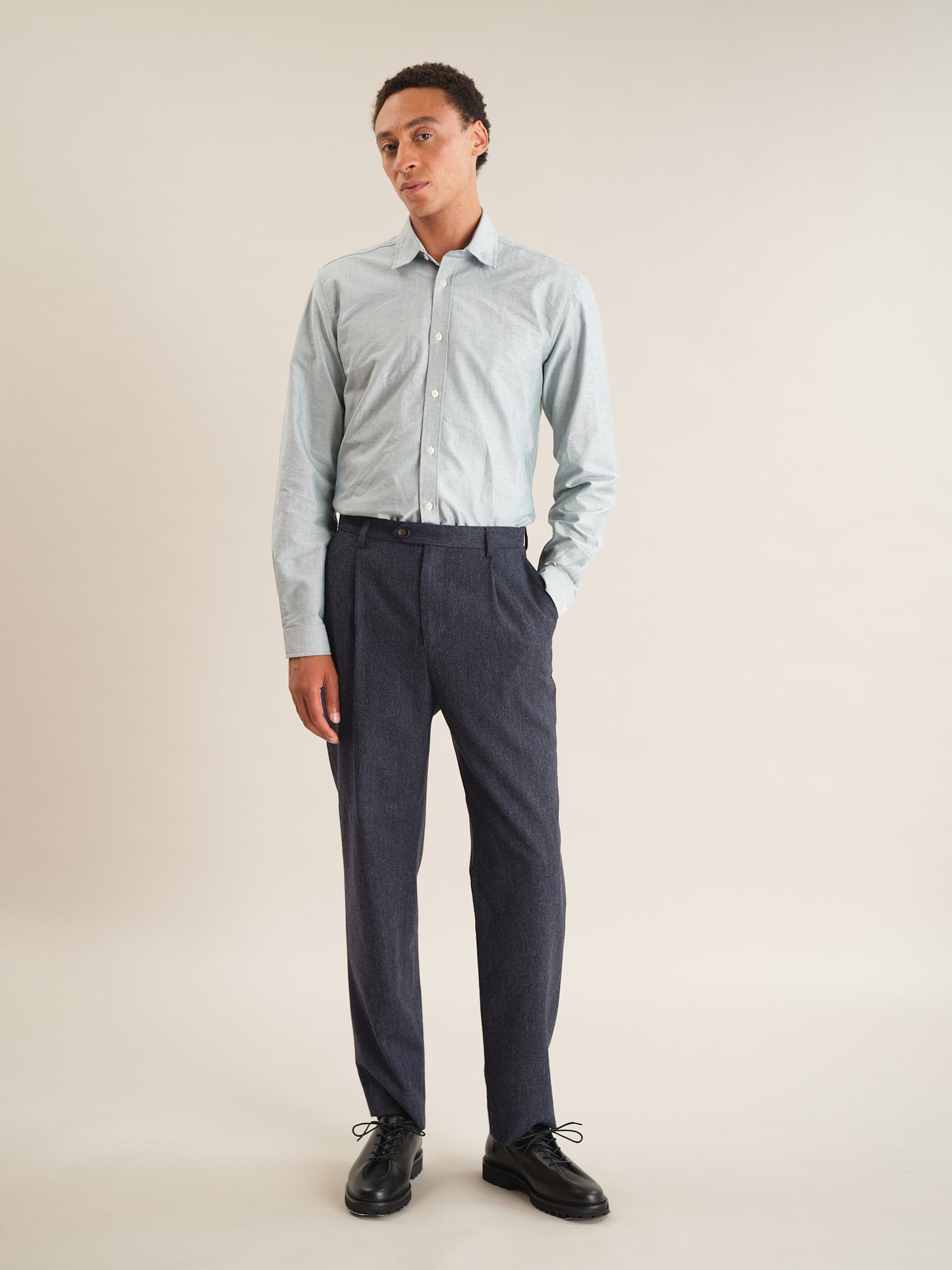 Dark Blue Wool Tweed Pleated Trousers