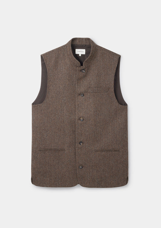 Walnut Herringbone Nehru Waistcoat by SIRPLUS