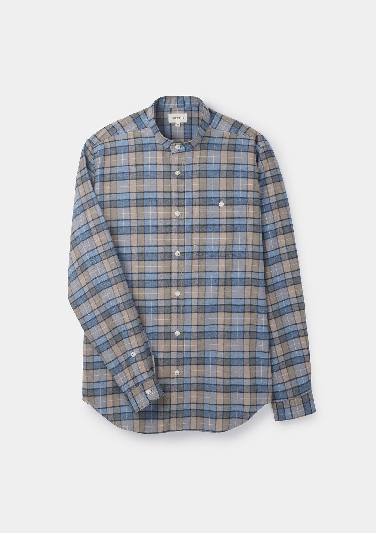 Blue & Beige Checked Cotton Cashmere Grandad Shirt, Grandad Shirt - SIRPLUS