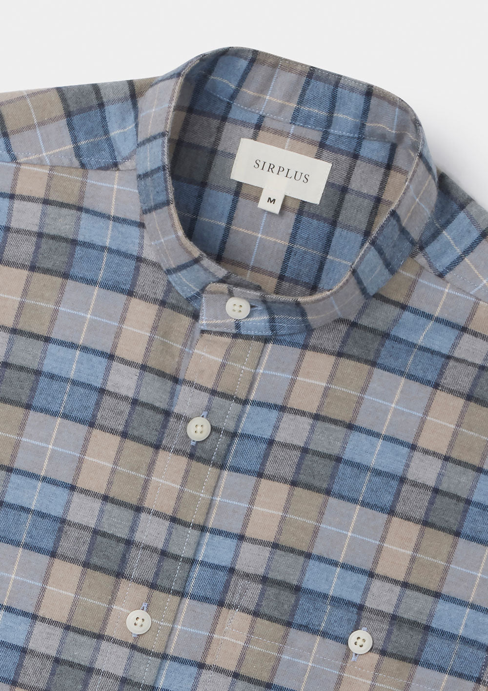 Blue & Beige Checked Cotton Cashmere Grandad Shirt, Grandad Shirt - SIRPLUS