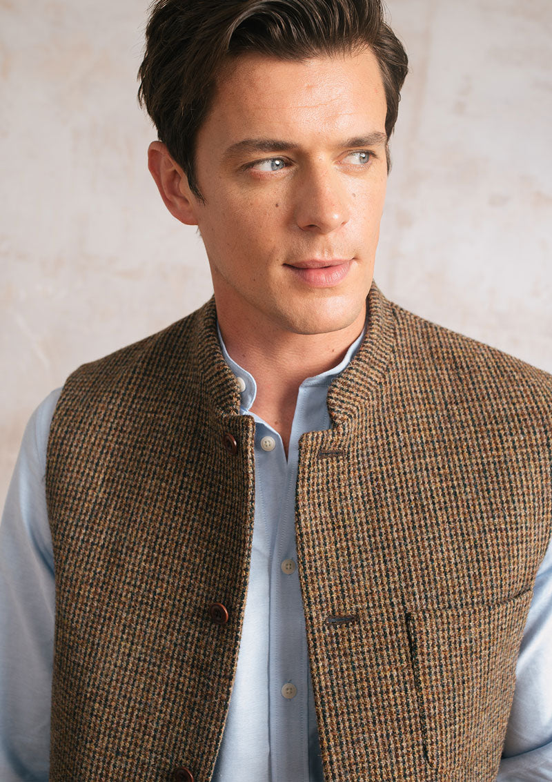 Brown Harris Tweed Nehru Waistcoat, - SIRPLUS