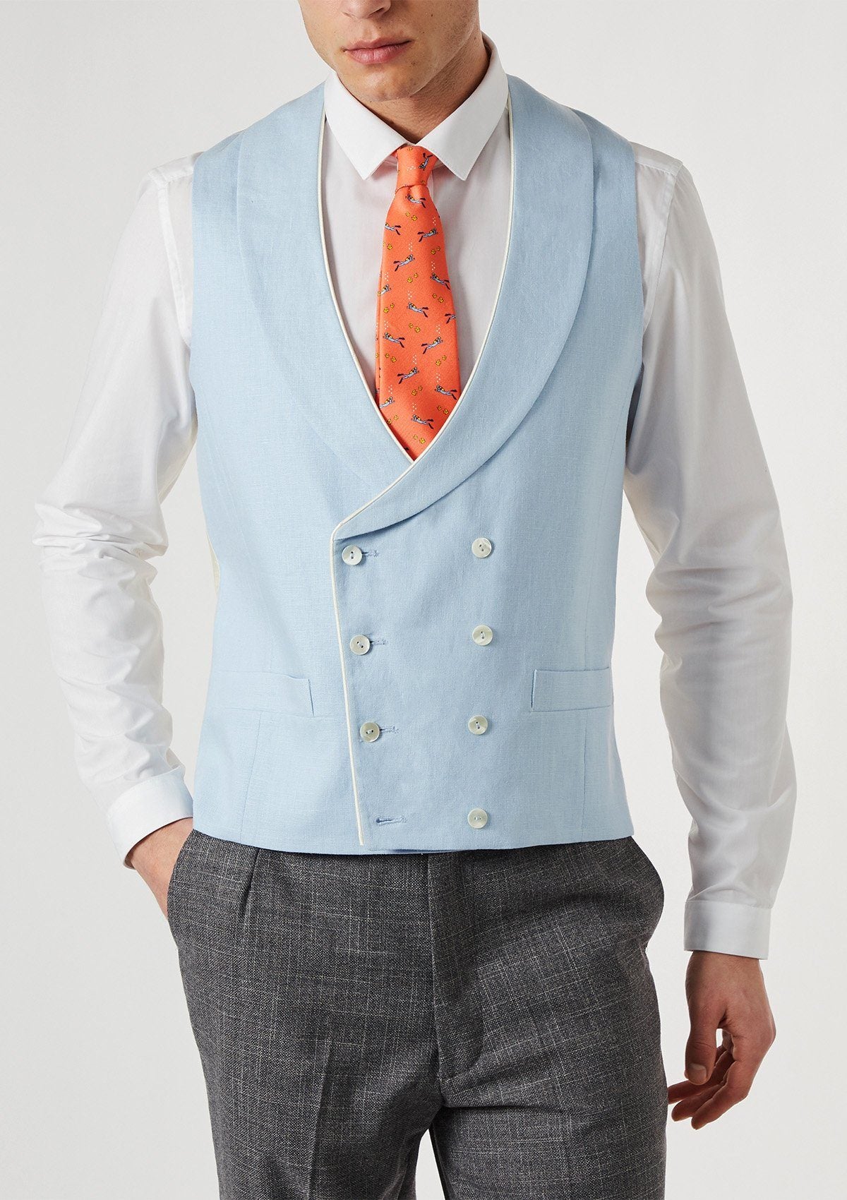 Pale Blue Shawl Lapel Double Breasted Waistcoat, Double Breasted Waistcoats - SIRPLUS