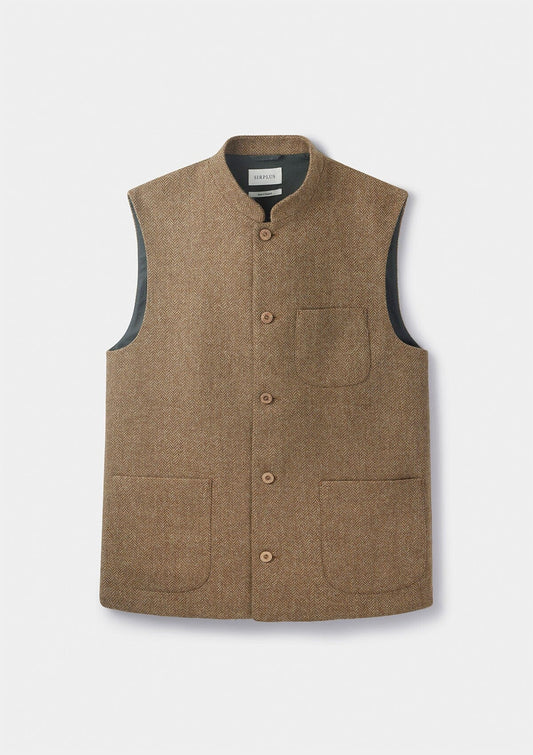 Fawn Herringbone Wool Nehru Waistcoat, Nehru Waistcoats - SIRPLUS