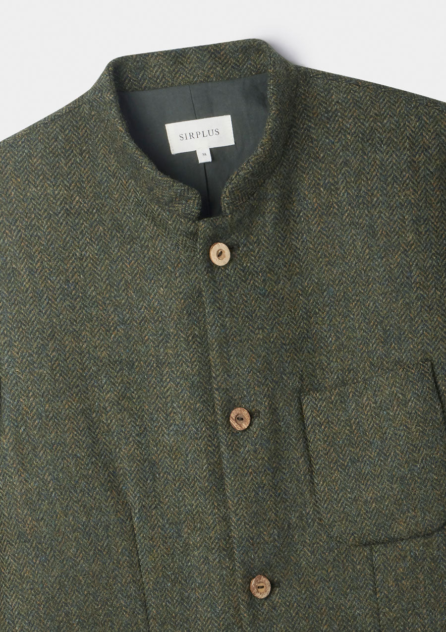 Green Herringbone Tweed Nehru Jacket, Nehru Jackets - SIRPLUS