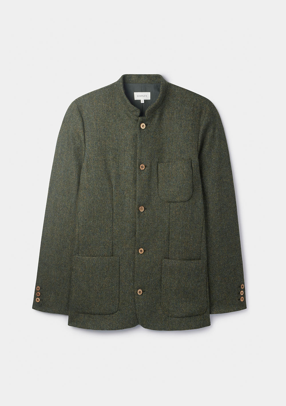 Green Herringbone Tweed Nehru Jacket, Nehru Jackets - SIRPLUS