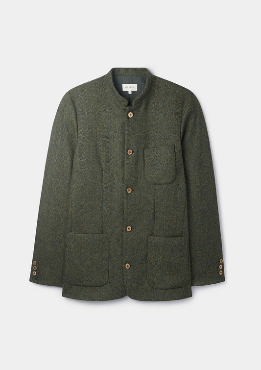 Green Herringbone Tweed Nehru Jacket, Nehru Jackets - SIRPLUS