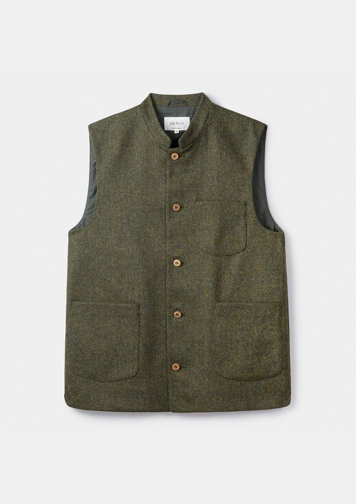 Green Herringbone Tweed Nehru Waistcoat, Nehru Waistcoats - SIRPLUS