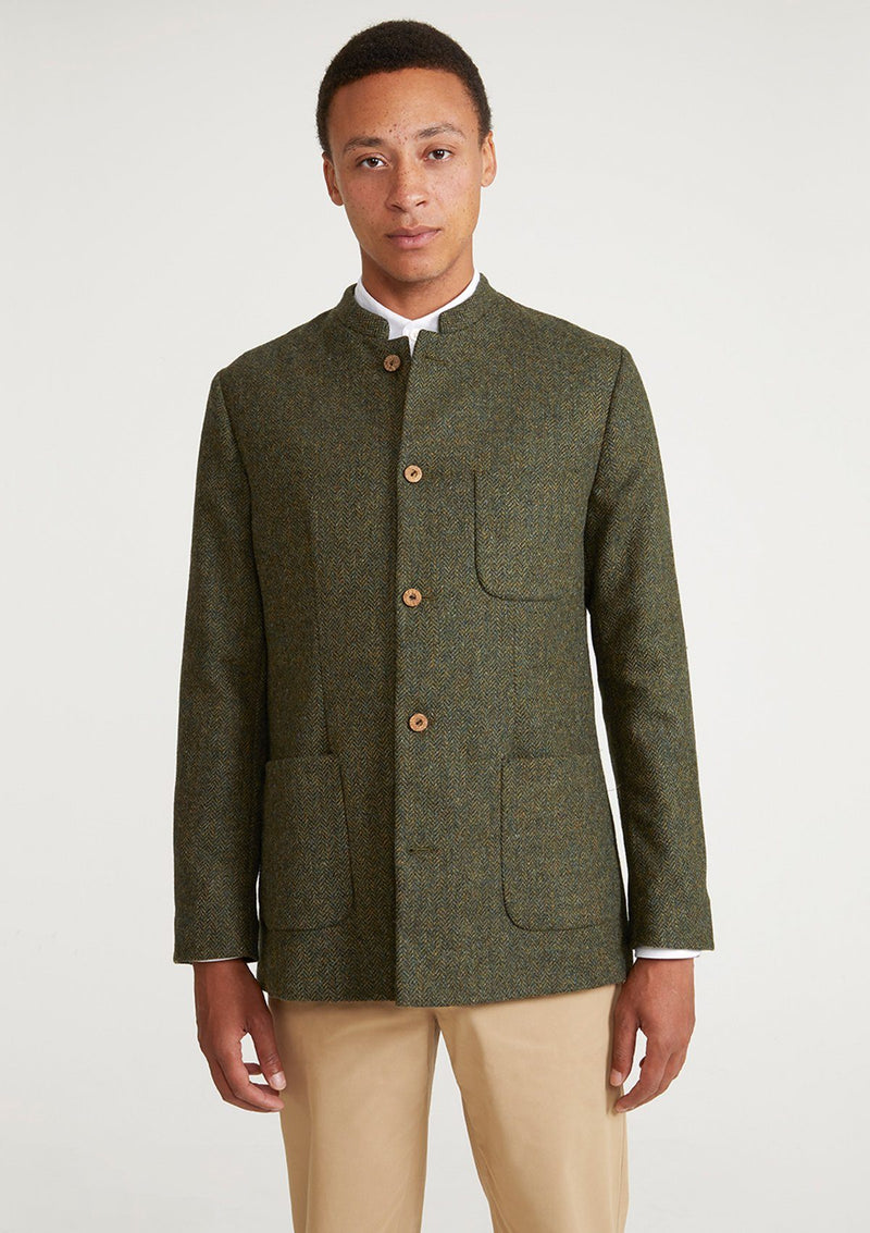 Green Herringbone Tweed Nehru Jacket, Nehru Jackets - SIRPLUS