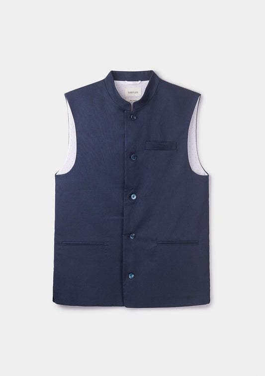 Navy Cotton Linen Nehru Waistcoat, Nehru Waistcoats - SIRPLUS