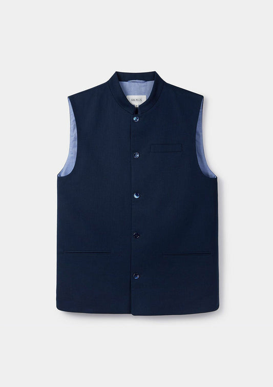 Navy Herringbone Linen Nehru Waistcoat, Nehru Waistcoats - SIRPLUS