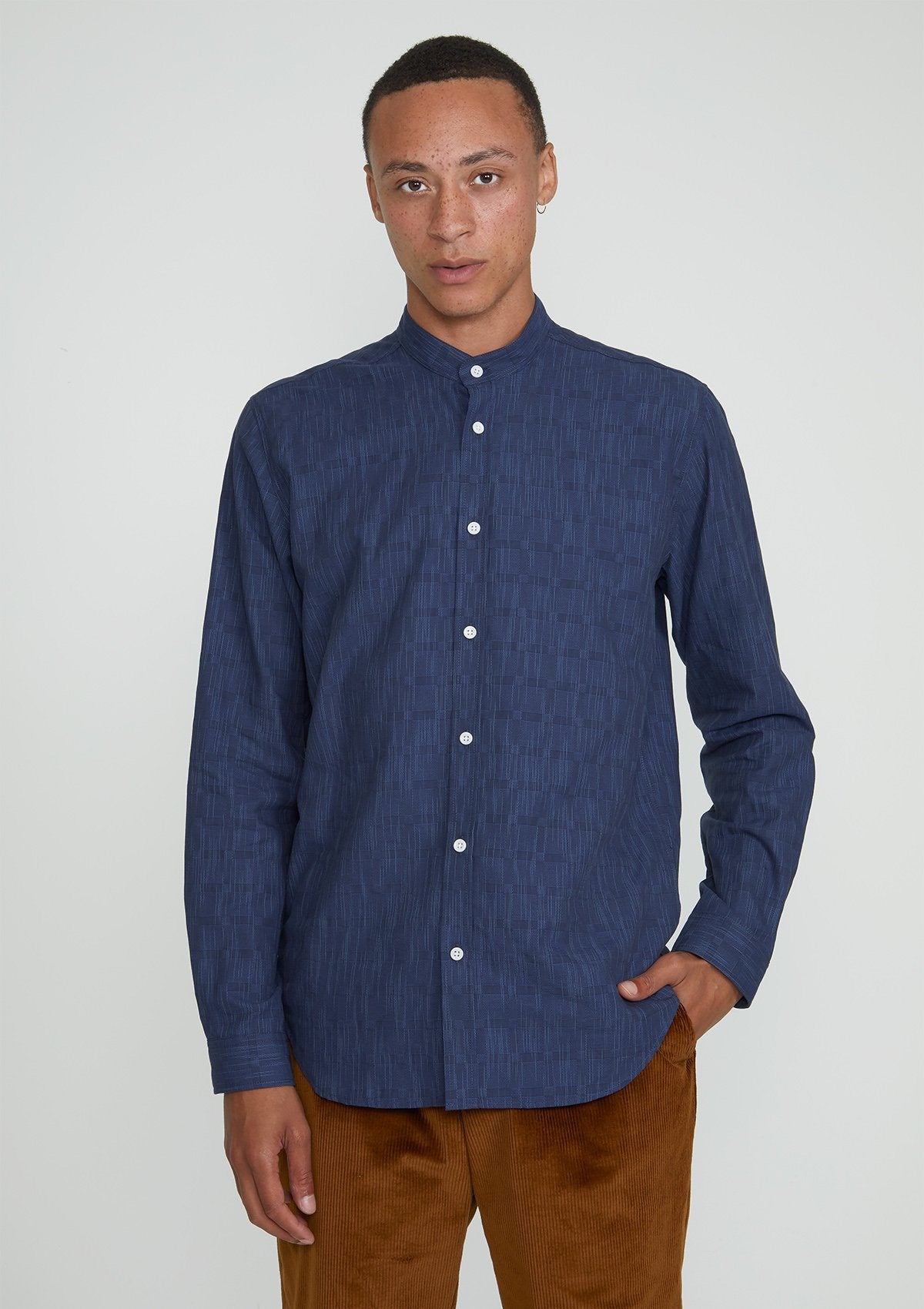 Navy Yarn-Dyed Checked Cotton Grandad Shirt, Shirts - SIRPLUS