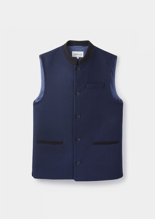 Navy & Dark Brown Wool Cashmere Nehru Waistcoat, Nehru Waistcoats - SIRPLUS