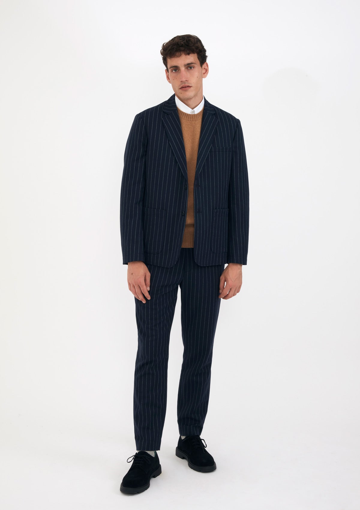 Navy Pinstripe Wool Drawstring Trousers, Casual Trousers - SIRPLUS