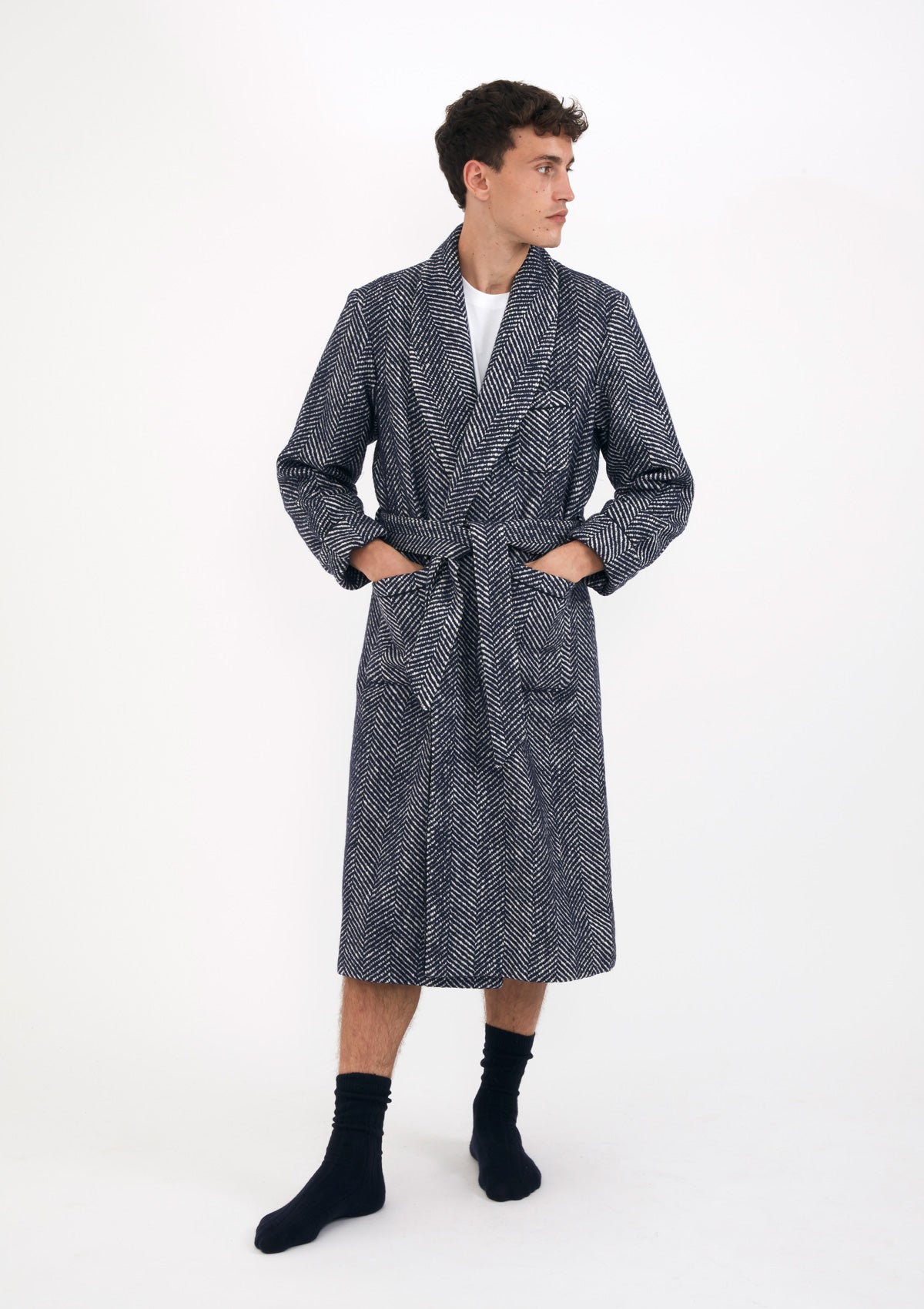 Navy & White Herringbone Wool Dressing Gown SIRPLUS