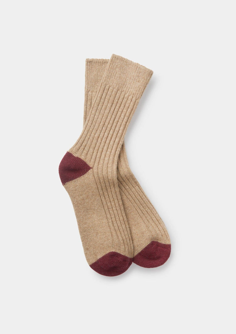 Beige & Burgundy Women's Rib Wool Cashmere Socks, Socks - SIRPLUS
