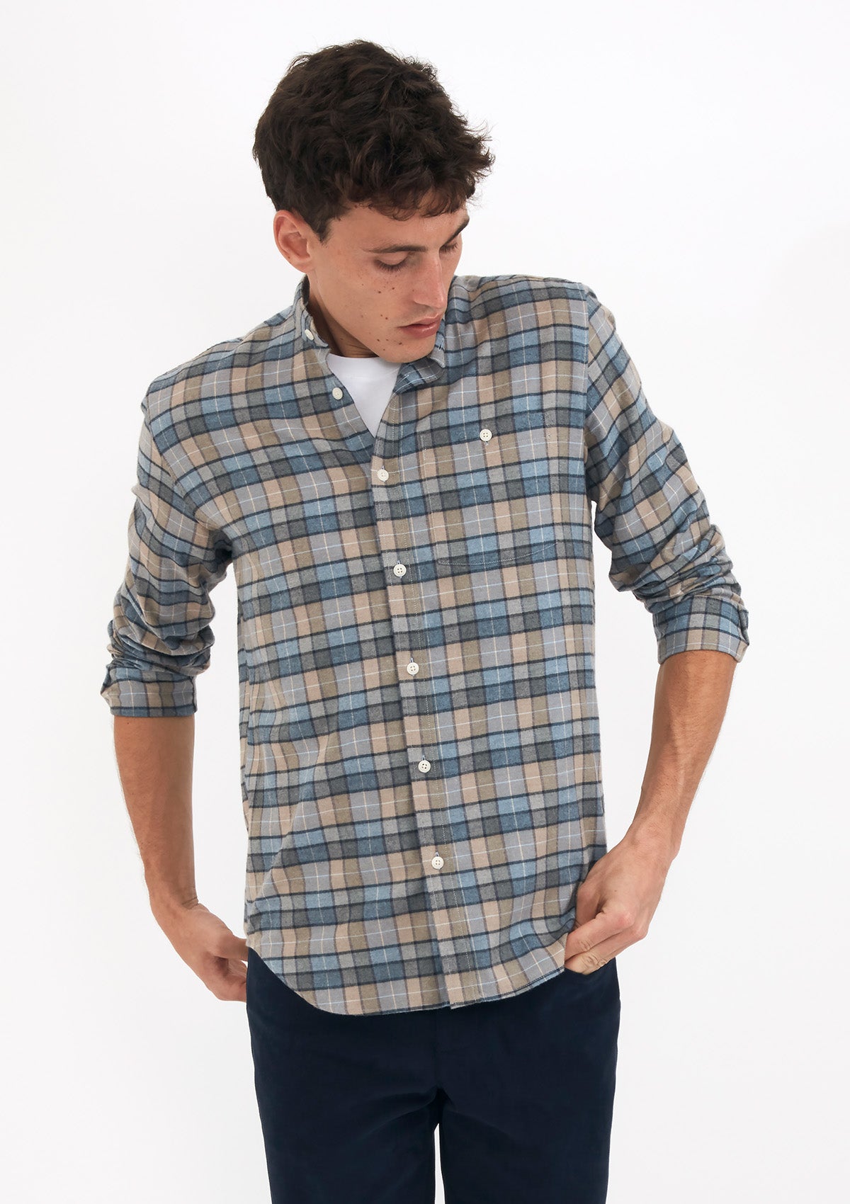 Blue & Beige Checked Cotton Cashmere Grandad Shirt, Grandad Shirt - SIRPLUS