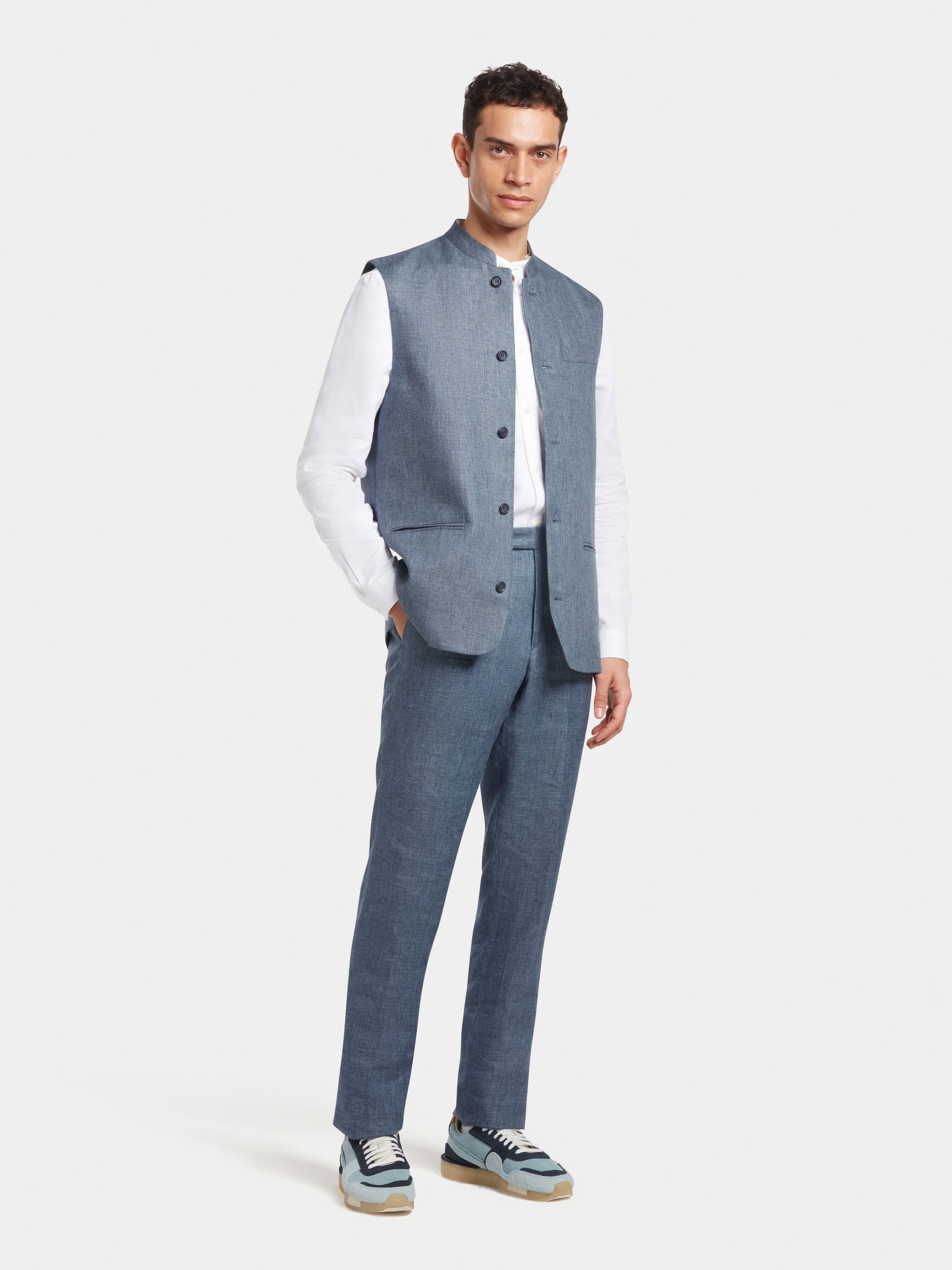 French Blue Linen Nehru Waistcoat, Nehru Waistcoats - SIRPLUS