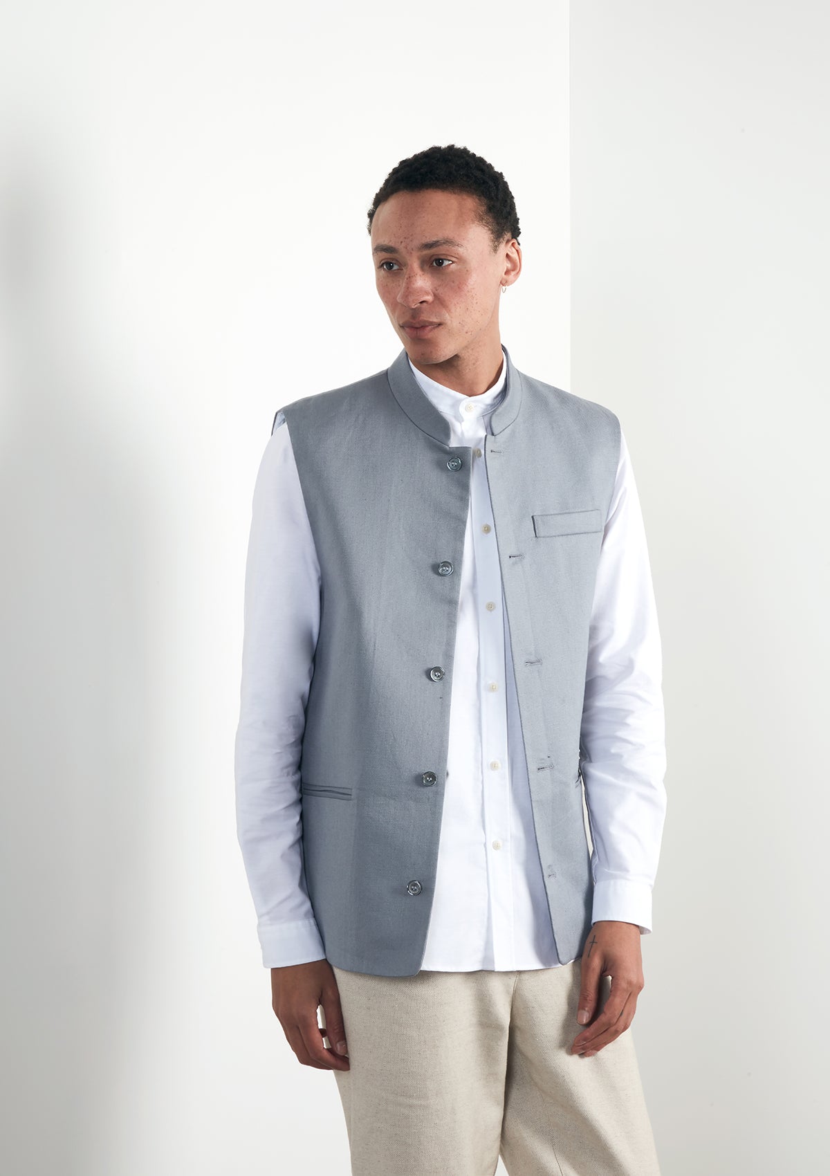 Smoke Blue Linen Nehru Waistcoat, Nehru Waistcoats - SIRPLUS