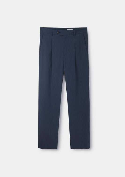 Navy Cotton Linen Pleated Trousers, Casual Trousers - SIRPLUS