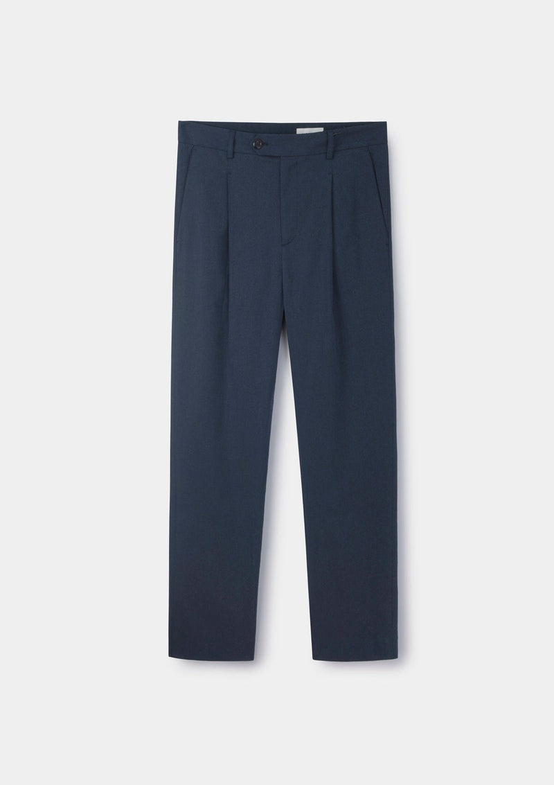 Navy Cotton Linen Pleated Trousers, Casual Trousers - SIRPLUS