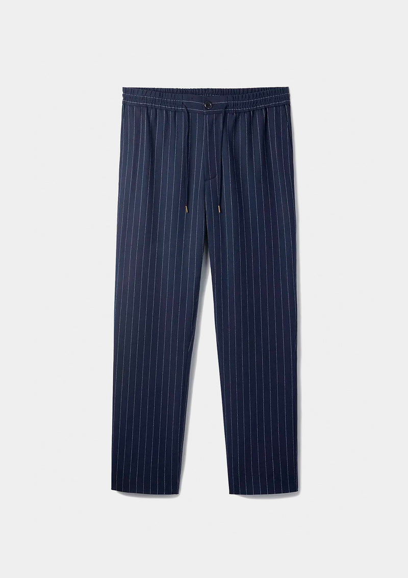 Navy Pinstripe Wool Drawstring Trousers, Casual Trousers - SIRPLUS