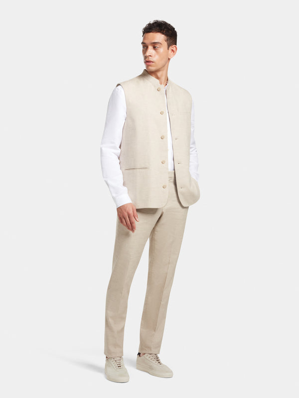 Sand Cotton Linen Nehru Waistcoat, Nehru Waistcoats - SIRPLUS