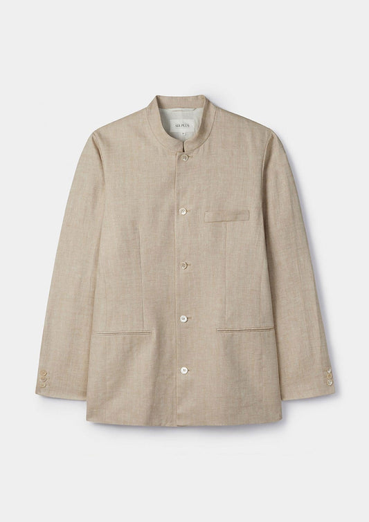 Sand Herringbone Linen Nehru Jacket, Nehru Jackets - SIRPLUS