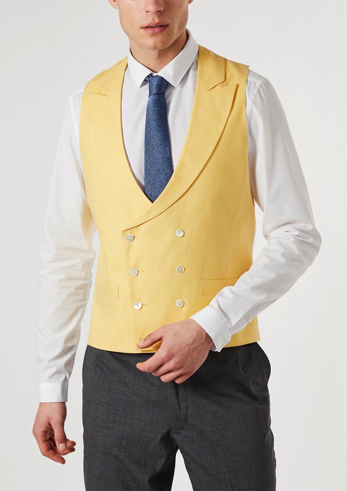 Yellow Peak Lapel Double Breasted Waistcoat, Double Breasted Waistcoats - SIRPLUS