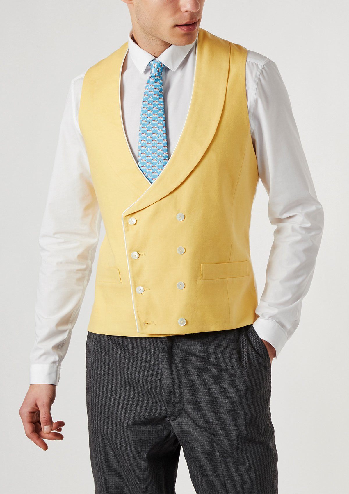 Yellow Shawl Lapel Double Breasted Waistcoat, Double Breasted Waistcoats - SIRPLUS